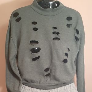 Cropped Distressed Olive Sweater